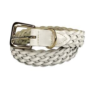 Vintage White Leather Woven Belt Size S/M Gold Hardware Boho Retro